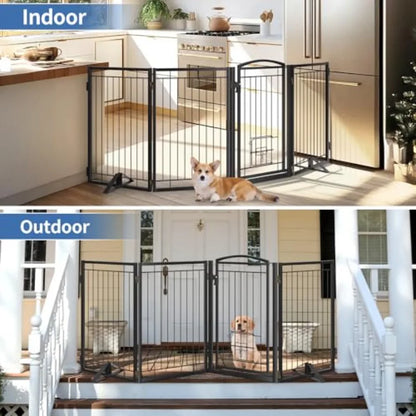 Full Metal Freestanding Dog Gate with Cat Door for OutdoorandIndoor32" Tall Foldable Dog Fence 80" Extra Wide Freestanding Pet