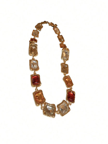 Retro Luxury Rhinestone Square Choker Necklace for Women, Exaggerated Court Style Collarbone Jewelry