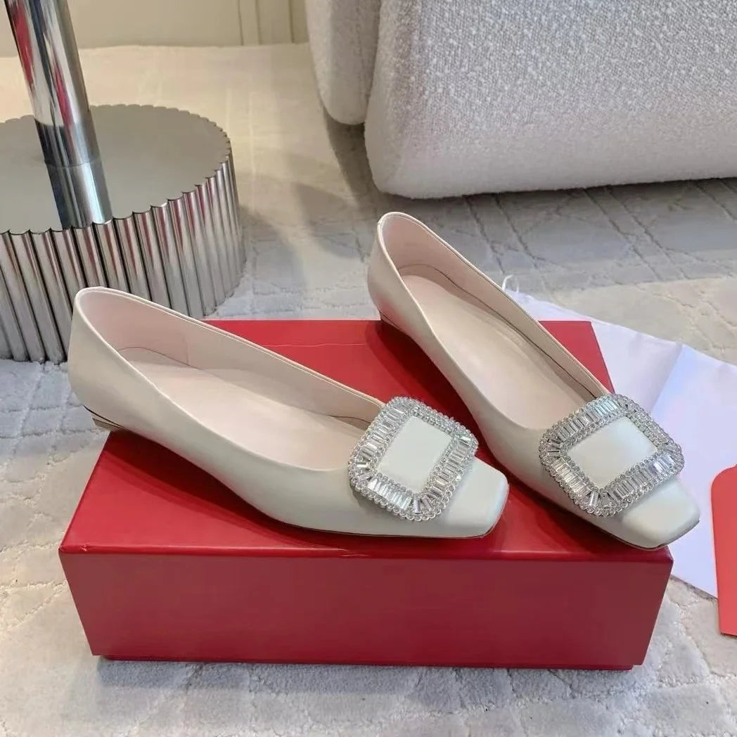 2026 Classic Silk Square-Toe Shallow Woman Flats Square-Button Decora  Mouth Single Shoes Willow Fashion Females Banquet