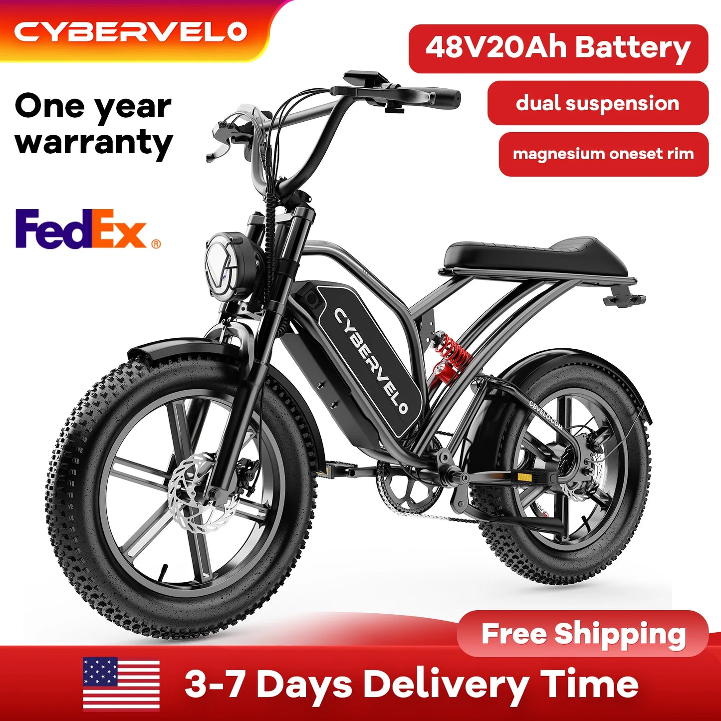 Cybervelo 20" Fat Tire All-Terrain E-Bike, 48V 20AH Detachable Battery, 1000w Motor 30MPH 80Miles+ Electric Bike for Adult EK11