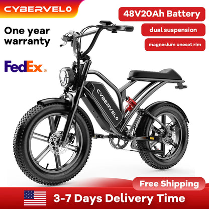 Cybervelo 20" Fat Tire All-Terrain E-Bike, 48V 20AH Detachable Battery, 1000w Motor 30MPH 80Miles+ Electric Bike for Adult EK11
