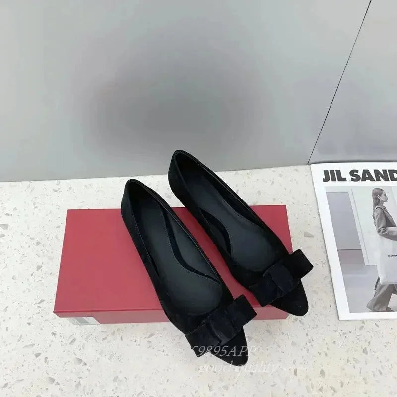 2025 Shallow mouth bow women's flat shoes leather new summer pointy flat heels fashion flat women's shoes