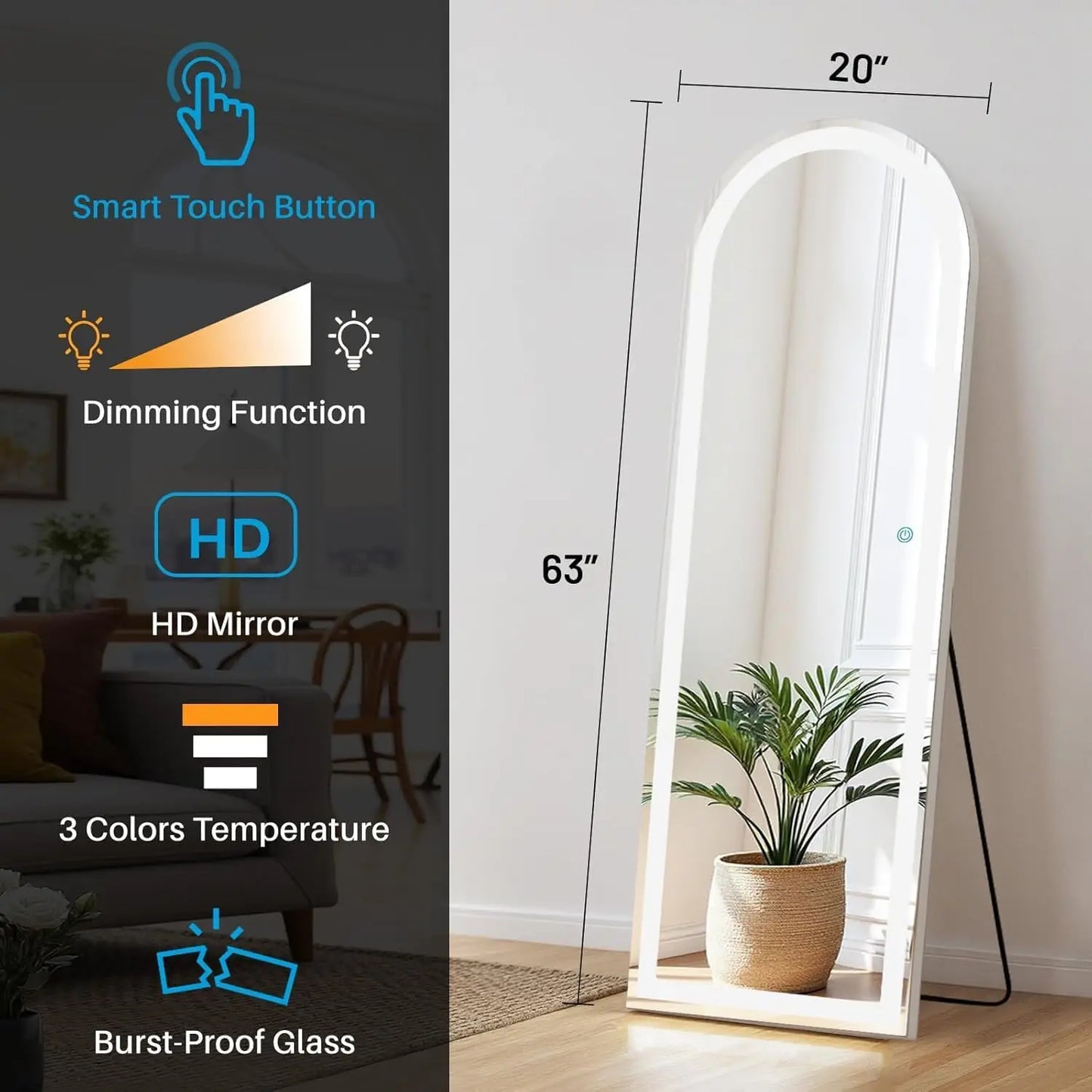 Arched Full Length Mirror with Stand 21"×63", LED Light Floor Standing with 3 Color Lighting for Bedroom Body Hanging Modern Si