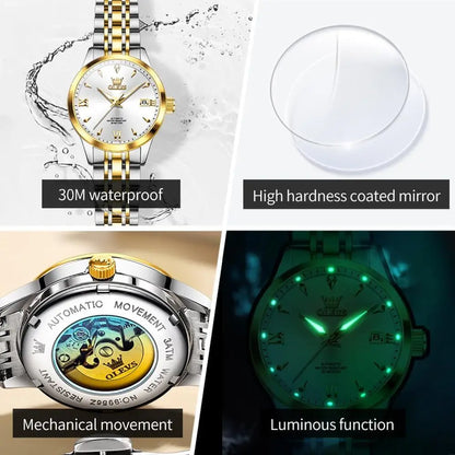 OLEVS Womens Automatic Watch Gold Luxury Diamond Sel Winding Ladies Wrist Watches Waterproo Luminous Date
