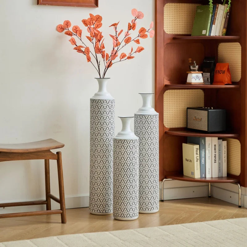 Glazed Metal Vases Home Decoration Set 3 White 24in/28.7in/33.5in Height Elegant Living Room Floor Decor Shipping From The USA