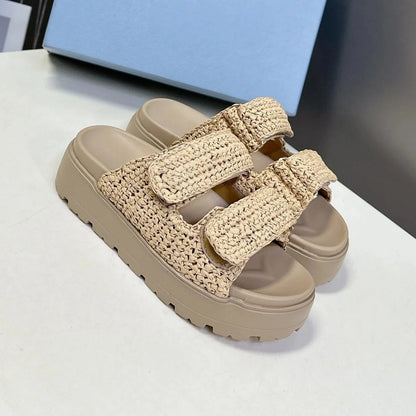 2025 New Summer Handmade Beach Slides For Woman Espadrilles Mules Shoes Magic Tape Thick Sole Woman Slippers FlipFlops