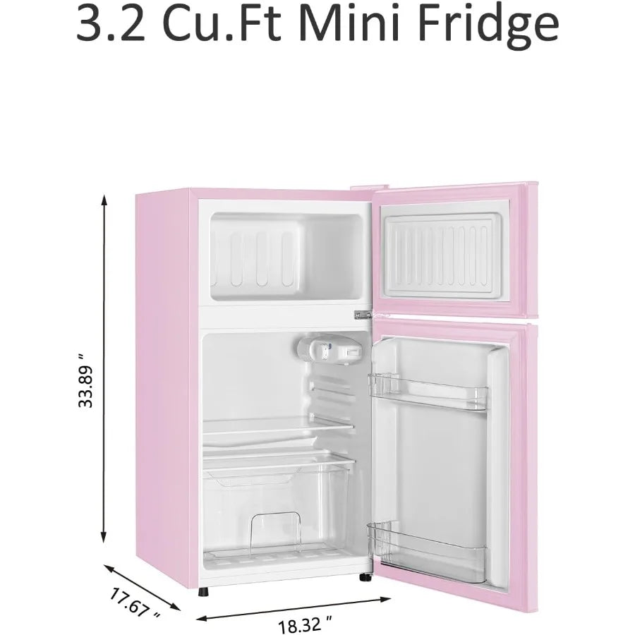 Compact 3.2 Cu.Ft Mini Fridge with Separate Freezer for Dorm Bedroom Office or Apartment 2-Door Design with 7-Level Temperature