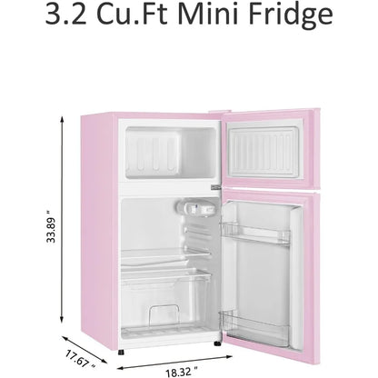Compact 3.2 Cu.Ft Mini Fridge with Separate Freezer for Dorm Bedroom Office or Apartment 2-Door Design with 7-Level Temperature