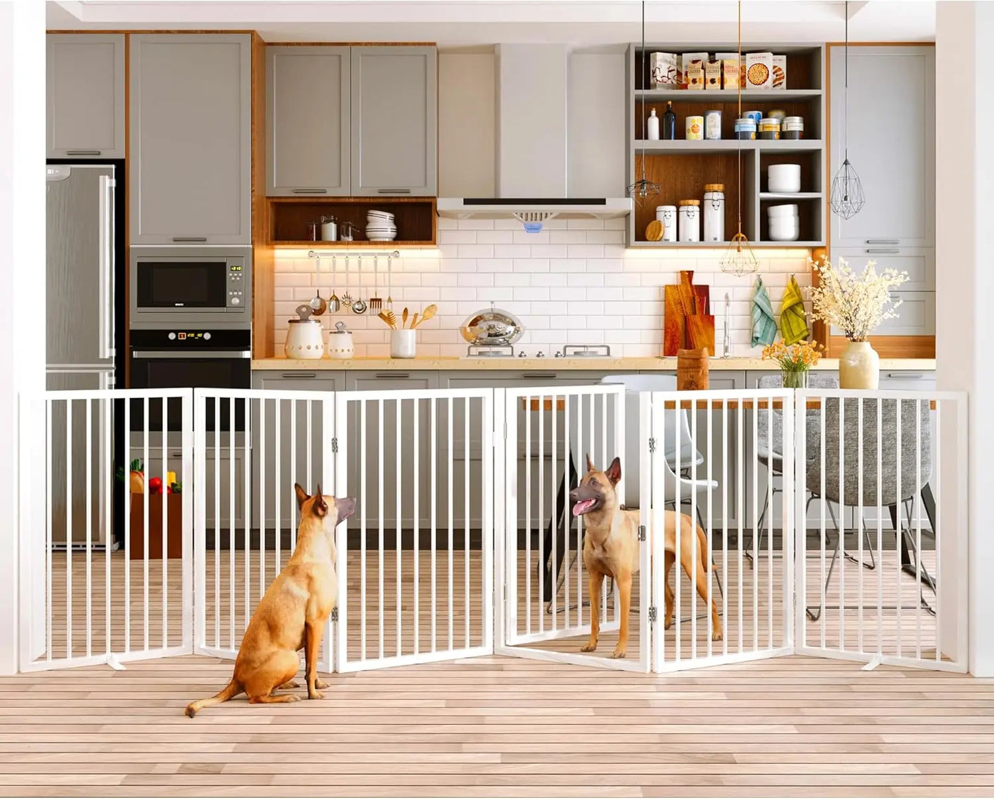 Folding No-Assembly Metal Pet Gate, 120" Wide & 32" Tall with Door, Freestanding for Indoor/Outdoor Use in White