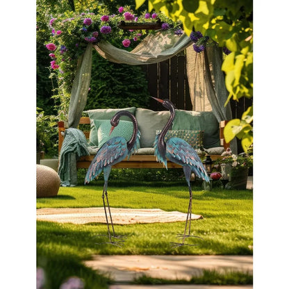 Garden Decor Outdoor Statues 40"/37" Large Metal Heron Standing Yard Art Blue Crane Lawn Sculptures Garden Decor for Outside Pa