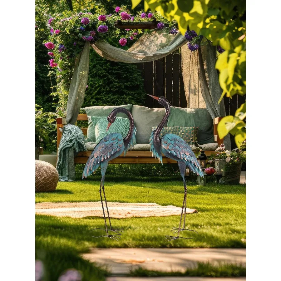 Garden Decor Outdoor Statues 40"/37" Large Metal Heron Standing Yard Art Blue Crane Lawn Sculptures Garden Decor for Outside Pa
