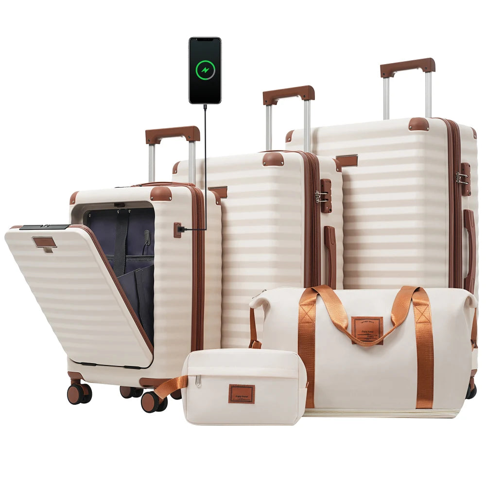 Front Opening Expandable Hardside 5 Piece Luggage Set with USB Port TSA Lock Cup Holder Spinner Wheels Duffel Bag Toiletry Bag