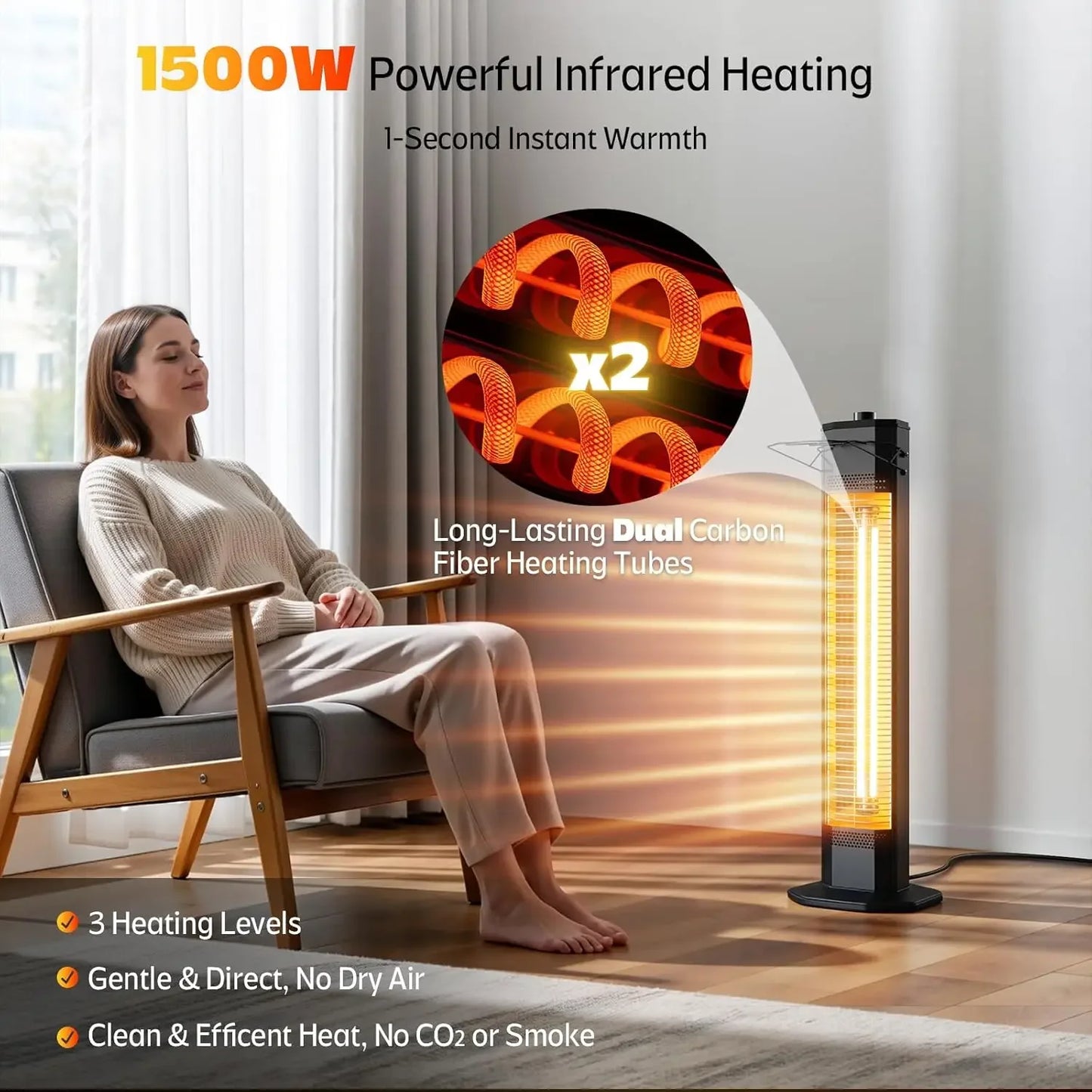 [Limited Stock!]Outdoor Electric Patio Heater, 34-inch 1500W Infrared Tower Heater with Instant Heating, Tip-Over & Overheat Pro