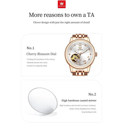 OLEVS Womens Automatic Watches Luxury Diamond DrWatch or Woman Sel Winding Ceic Strap Waterproo Watch and Bracelet Set or Ladies
