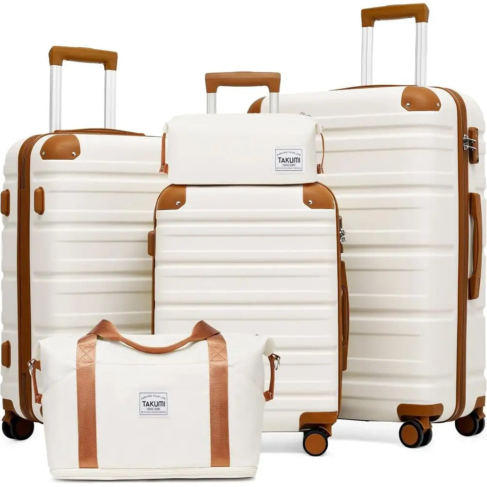 5-Piece Lightweight Carry-On Luggage Set with Dual Bag ABS+PC Hardshell, Spinner Wheels, TSA Lock (White Brown)