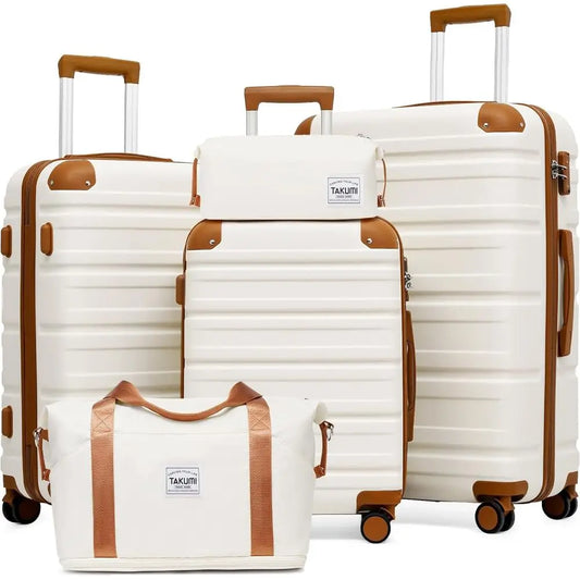 5-Piece Lightweight Carry-On Luggage Set with Dual Bag ABS+PC Hardshell, Spinner Wheels, TSA Lock (White Brown)