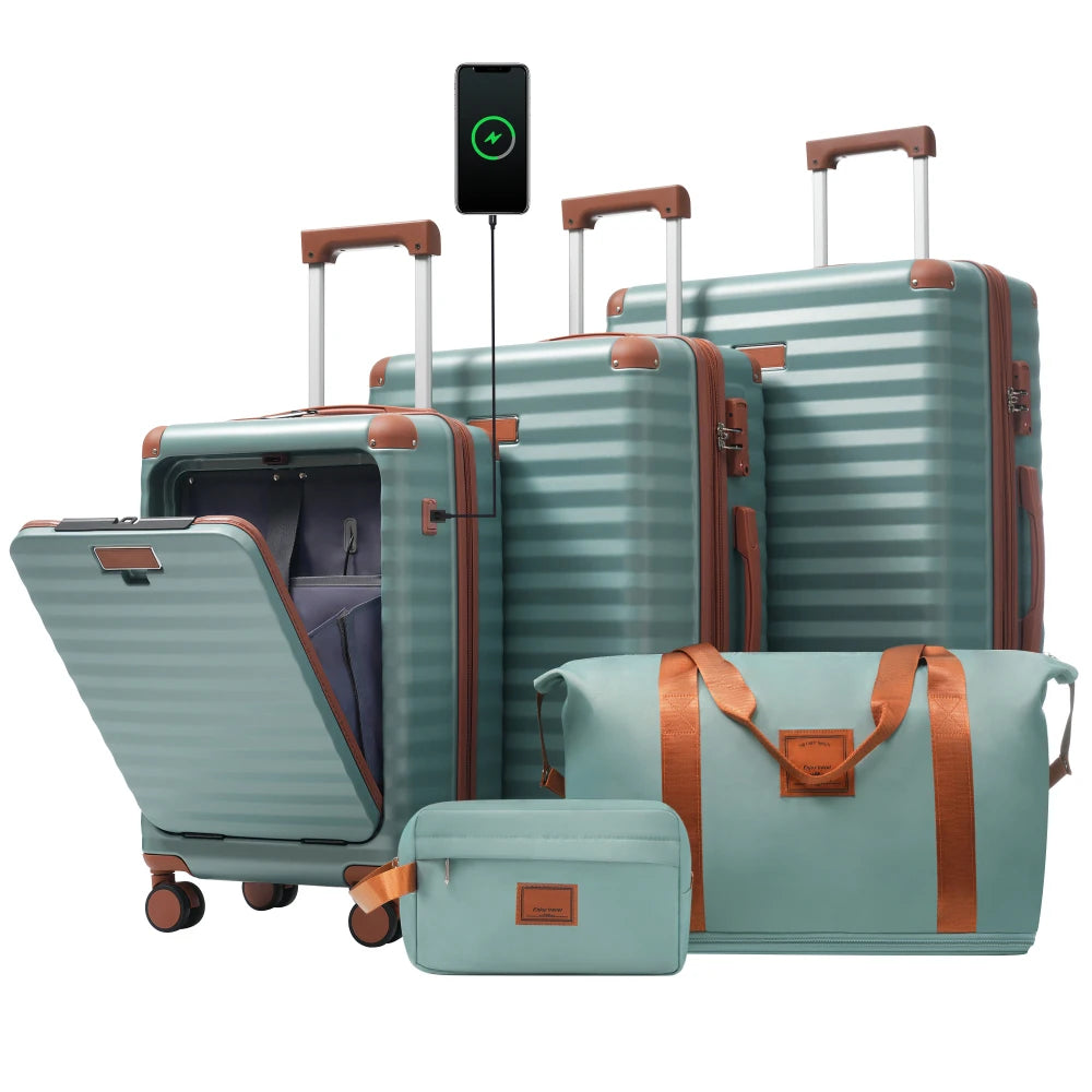Front Opening Expandable Hardside 5 Piece Luggage Set with USB Port TSA Lock Cup Holder Spinner Wheels Duffel Bag Toiletry Bag