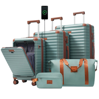 Front Opening Expandable Hardside 5 Piece Luggage Set with USB Port TSA Lock Cup Holder Spinner Wheels Duffel Bag Toiletry Bag