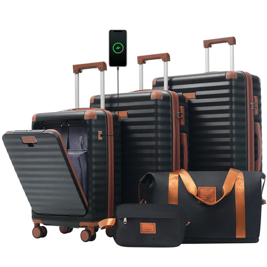 Front Opening Expandable Hardside 5 Piece Luggage Set with USB Port TSA Lock Cup Holder Spinner Wheels Duffel Bag Toiletry Bag