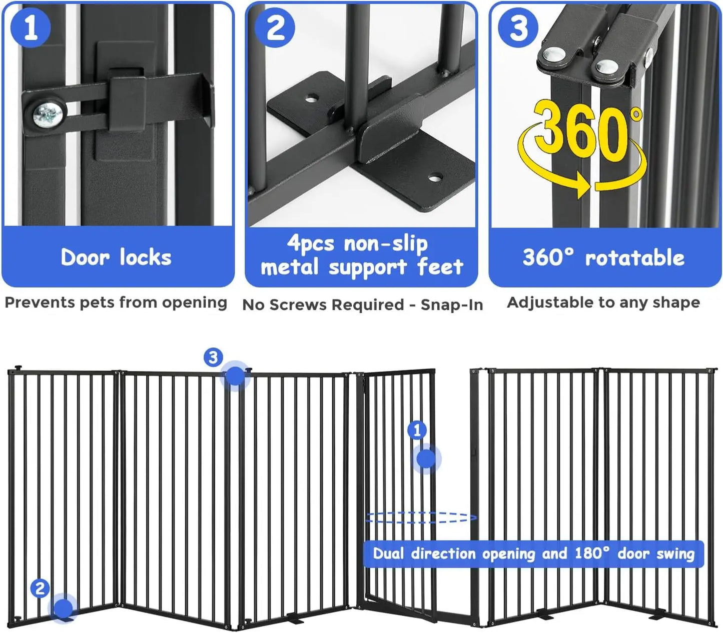 6-Panel Freestanding Metal Dog Gate with Door, 120''W Foldable Pet Fence for Indoor/Outdoor Use, 32''H Tall