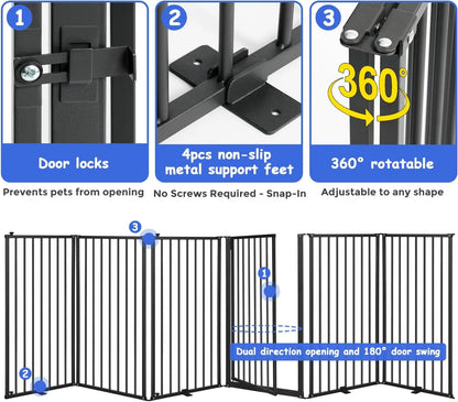 6-Panel Freestanding Metal Dog Gate with Door, 120''W Foldable Pet Fence for Indoor/Outdoor Use, 32''H Tall