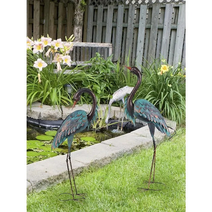 Garden Decor Outdoor Statues 40"/37" Large Metal Heron Standing Yard Art Blue Crane Lawn Sculptures Garden Decor for Outside Pa