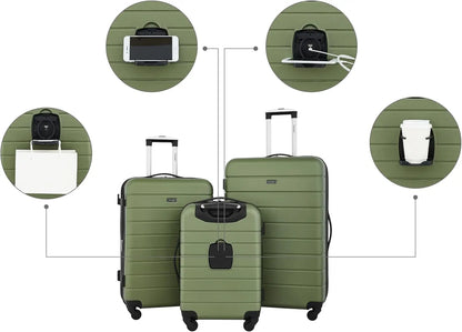 3-Piece Hardside Luggage Set with Expandable Design, 360° Spinner Wheels, and Convenient Features in Olive Green