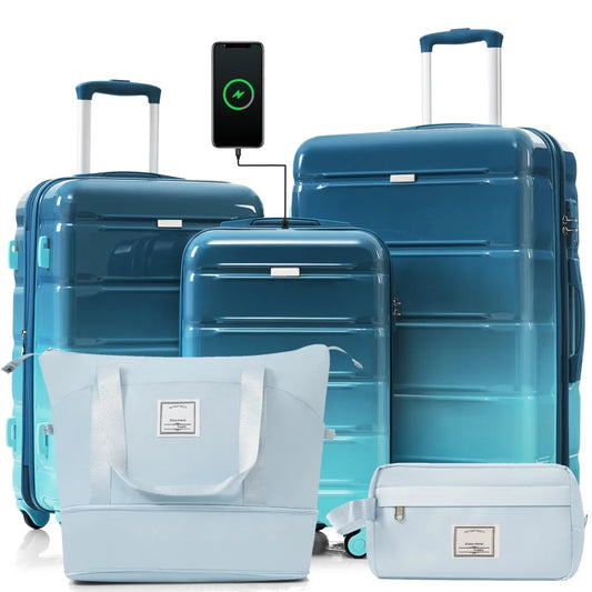 Luggage Sets 5 Piece 20-inch with USB Port ABS+PC Hard Shell Luggage with Travel Bag Spinner Wheels Durable Suitcase Blue