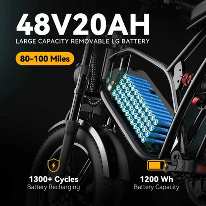Cybervelo 20" Fat Tire All-Terrain E-Bike, 48V 20AH Detachable Battery, 1000w Motor 30MPH 80Miles+ Electric Bike for Adult EK11