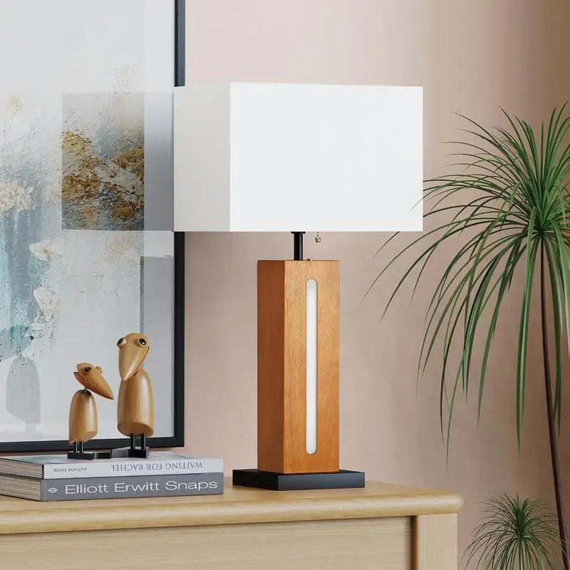 Set of 2 Modern Dimmable Bedside Lamps with LED Nightlight, Rustic Square Wood Grain Nightstand Lamps with Linen Shades for