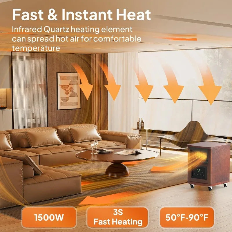 ROVSUN 1500W Quartz Infrared Heaters, Electric Space Heater with Remote Control, Portabel Handle & Wheels, 12H Timer, 3 Modes