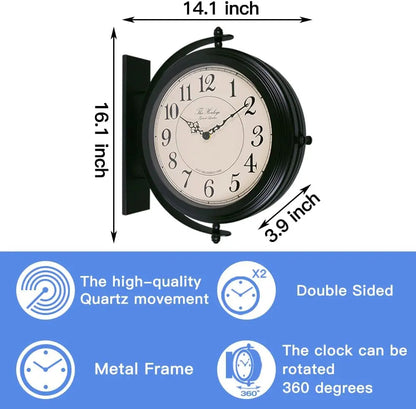 16-Inch Double Sided Metal Wall Clock with Black Frame, Easy Read for Indoor and Outdoor Decor
