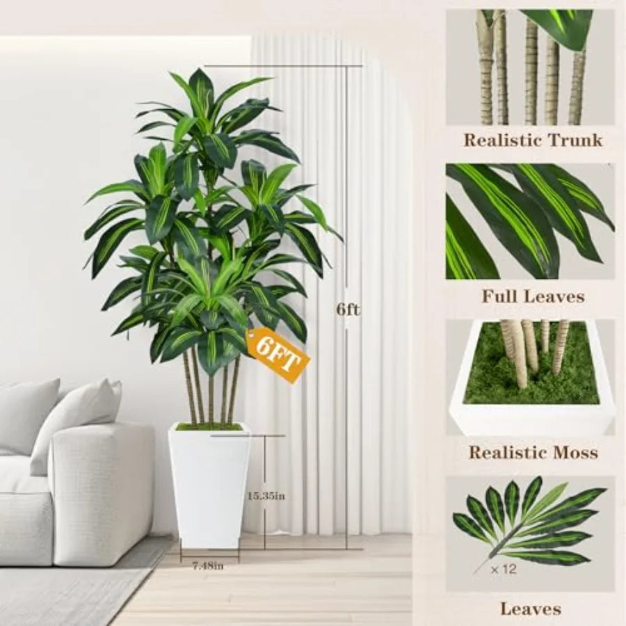 6FT Artificial Dracaena Tree Fake Tree Indoor with White Tall Planter Tall Artificial Plants Indoor Decor in Silk Texture for H
