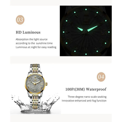 OLEVS Womens Automatic Watches Gold Classic Diamond Ladies Sel Winding Mechanical Two Tone StainlSteel Wrist Watch Date