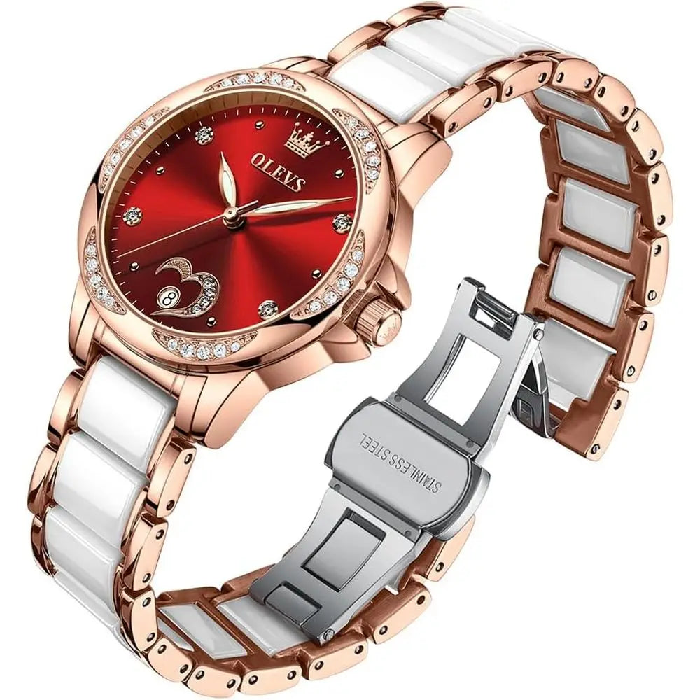 OLEVS Automatic Watch or Women Luxury Diamond Rose Gold Ladies Sel Winding Mechanical Ceic Wrist Watch Love Heart Date