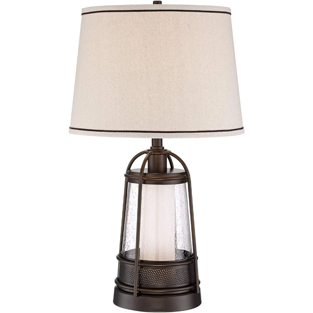 Industrial Rustic LED Nightlight Table Lamp 26 High Bronze Metal Seeded Glass Off-White Drum Shade