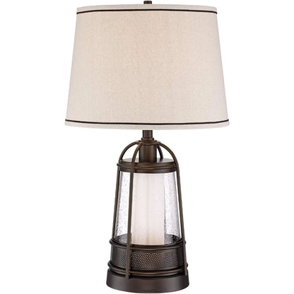 Industrial Rustic LED Nightlight Table Lamp 26 High Bronze Metal Seeded Glass Off-White Drum Shade