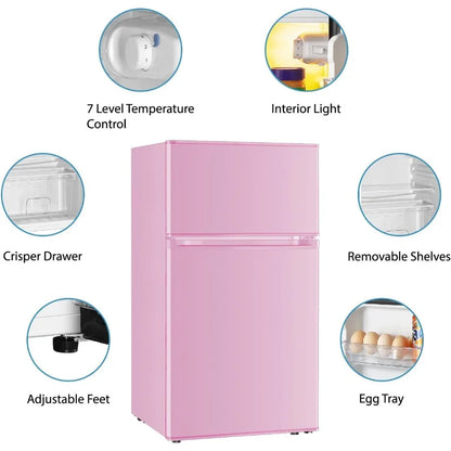Compact 3.2 Cu.Ft Mini Fridge with Separate Freezer for Dorm Bedroom Office or Apartment 2-Door Design with 7-Level Temperature