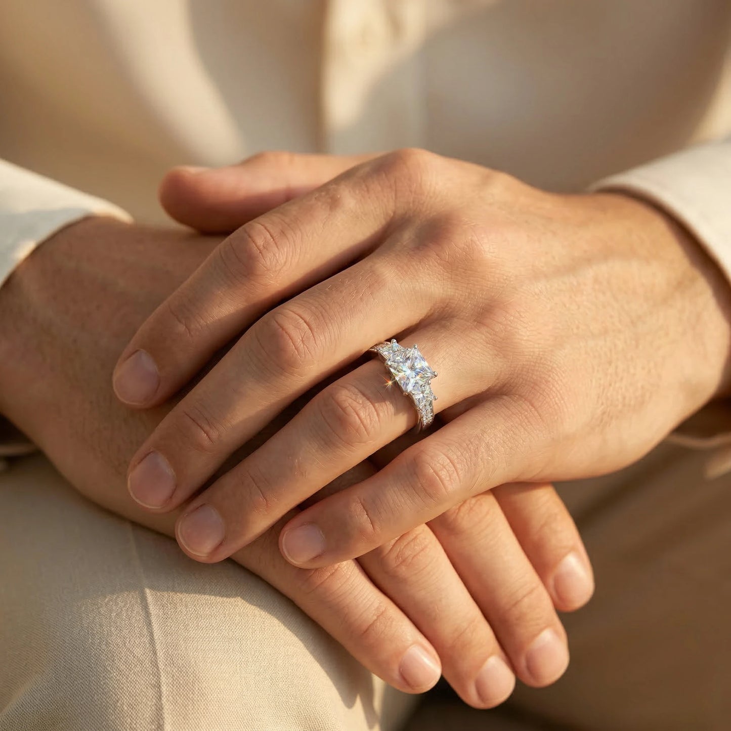 Princess Cut Three Stone Moissanite Ring, 925 Sterling Silver, D Color VVS1, 3 Carat, Hip Hop Unisex, With Certificate