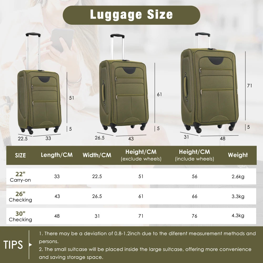 Softside Expandable 3PCS Luggage Set Lightweight Softshell Upright Suitcase with Spinner Wheels 22/26/30 Inch Travel Luggage