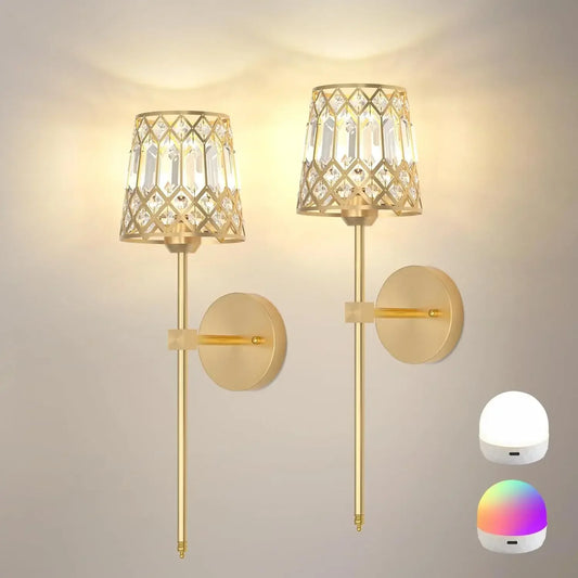 Gold Battery Operated Wall Sconces Set of 2, Crystal Rechargeable Wireless Wall Sconce Light Fixtures for Home Decor, Dimmable 1