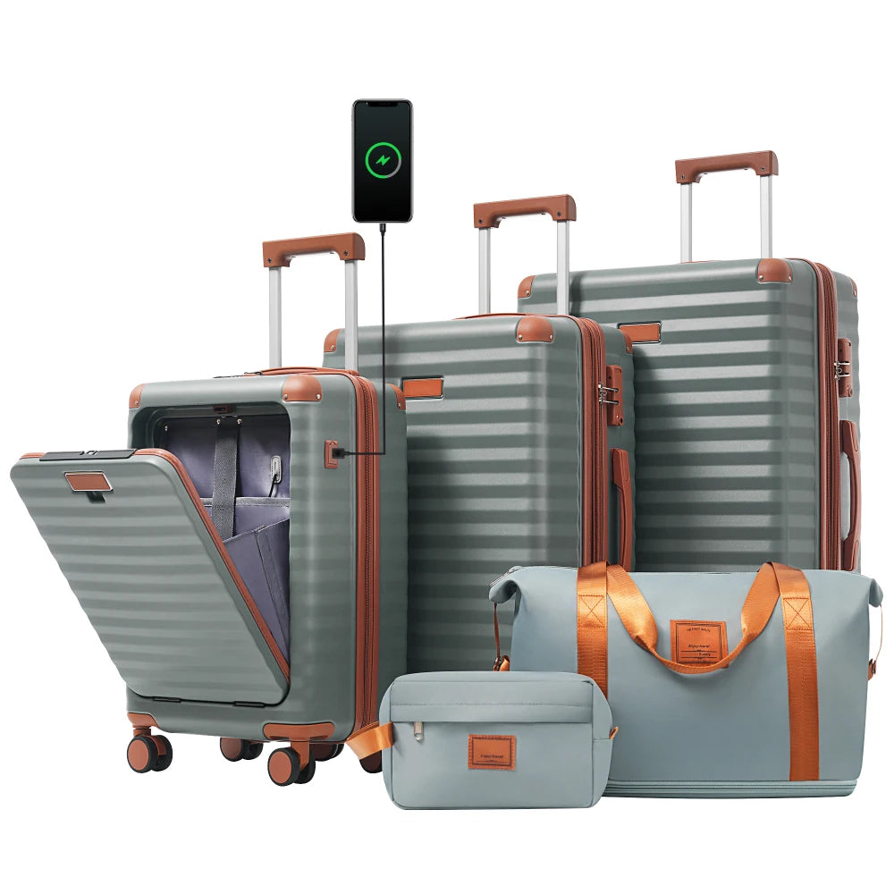 Front Opening Expandable Hardside 5 Piece Luggage Set with USB Port TSA Lock Cup Holder Spinner Wheels Duffel Bag Toiletry Bag