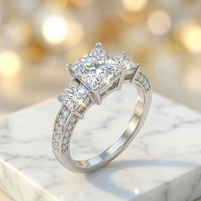 Princess Cut Three Stone Moissanite Ring, 925 Sterling Silver, D Color VVS1, 3 Carat, Hip Hop Unisex, With Certificate