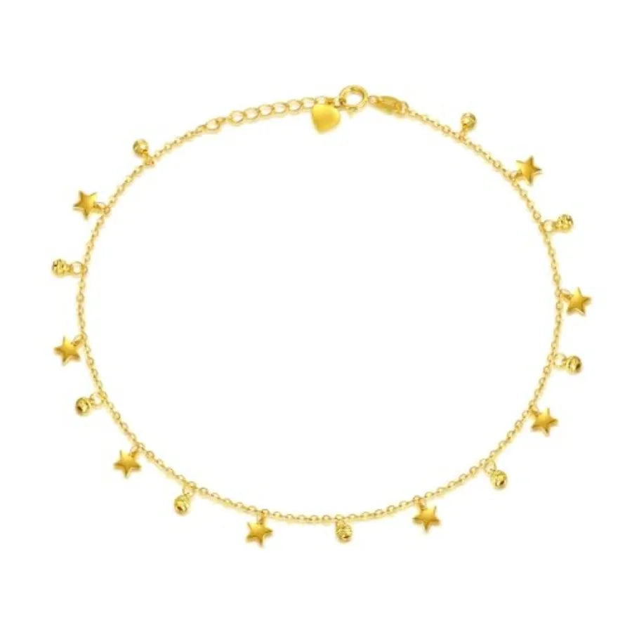 SISGEM 18K Real Gold Anklets for Women Yellow Gold Dangling Star Beads Ankle Bracelet Christmas Anniversary Jewelry Gift for He