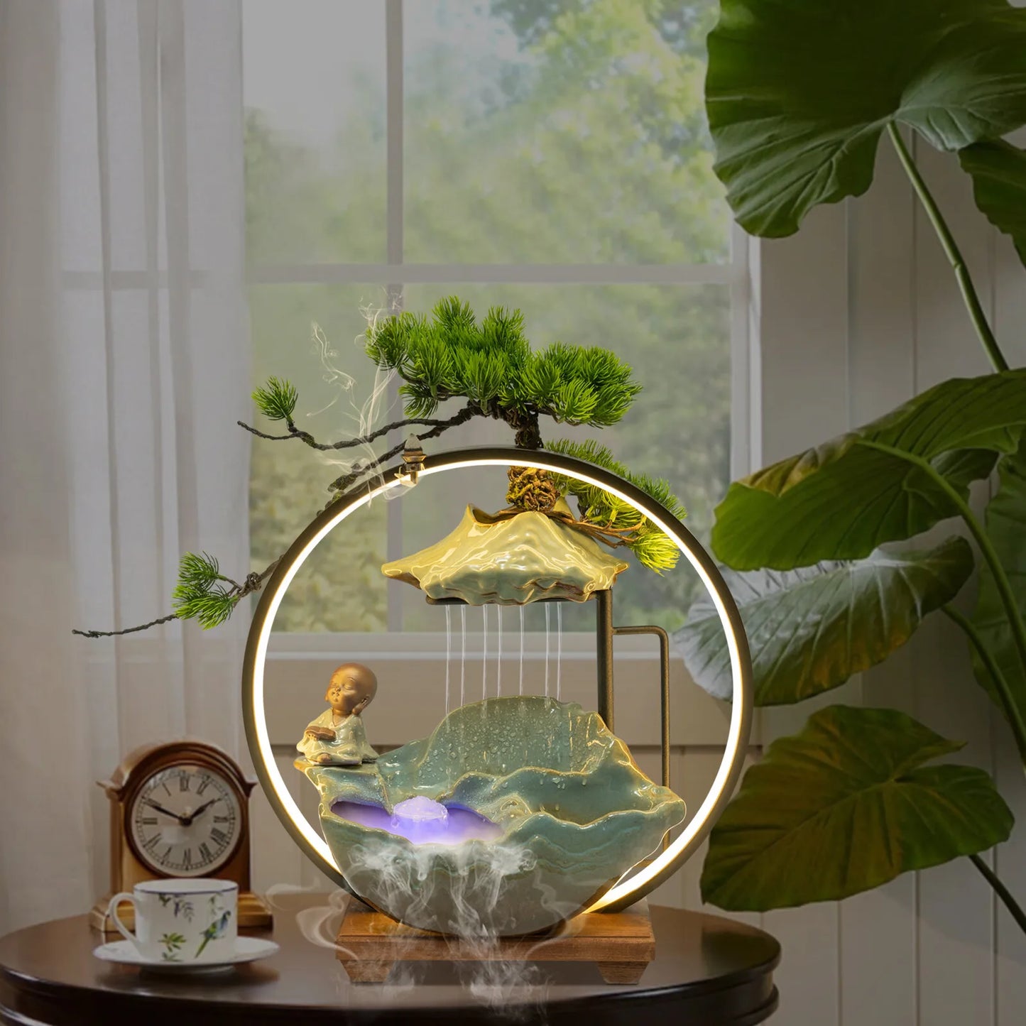 Mini Tabletop Water Fountain with LED Light Indoor Waterfall Mist Fountain for Desk Home Office Decor Relaxation Spa Feng