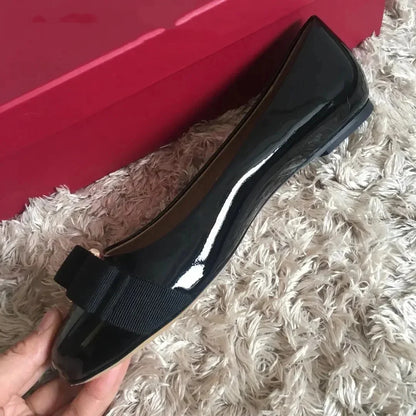 2025 Ballet flats new leather round head shallow bow multifunctional single shoes women's leather bow bow design