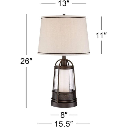 Industrial Rustic LED Nightlight Table Lamp 26 High Bronze Metal Seeded Glass Off-White Drum Shade