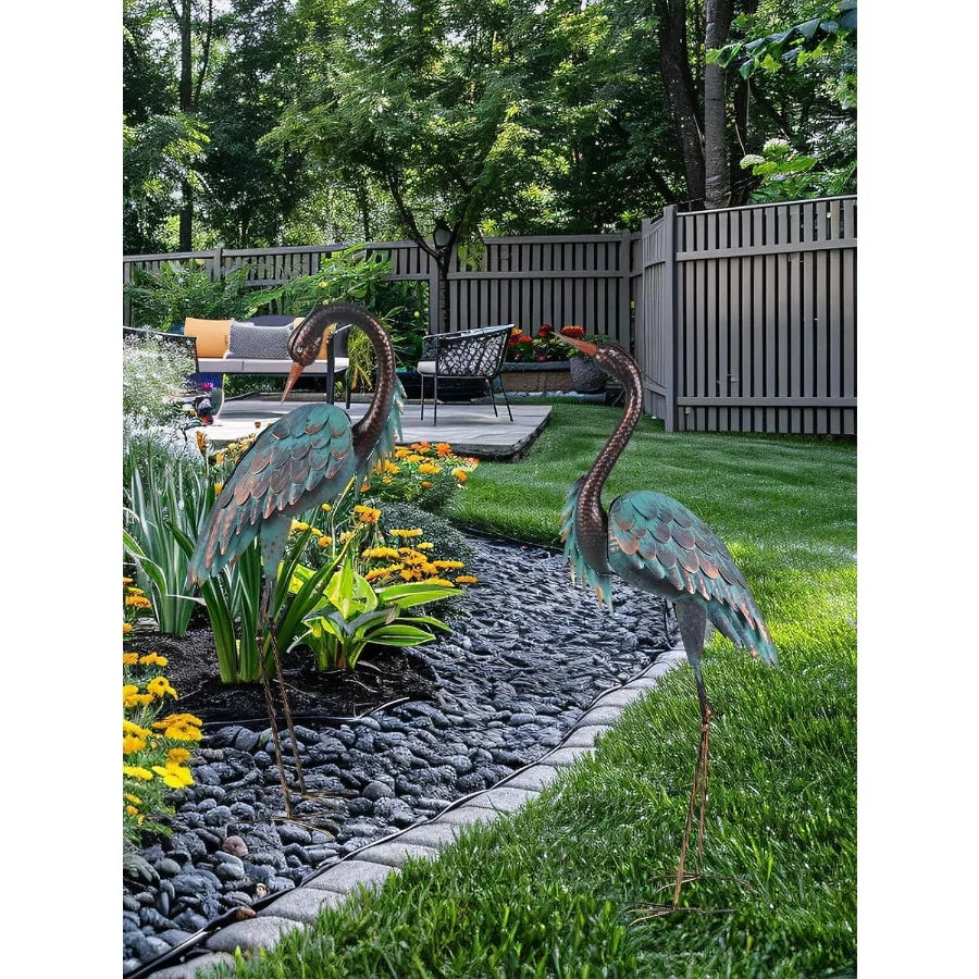 Garden Decor Outdoor Statues 40"/37" Large Metal Heron Standing Yard Art Blue Crane Lawn Sculptures Garden Decor for Outside Pa