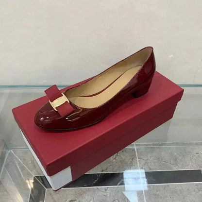 2025 Ballet flats new leather round head shallow bow multifunctional single shoes women's leather bow bow design