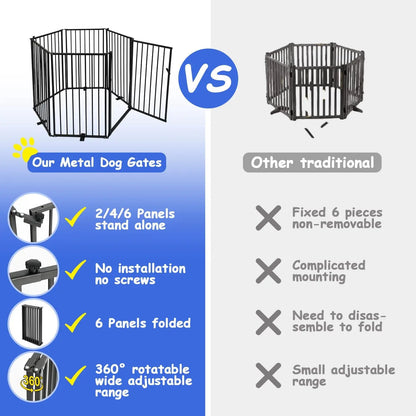 6-Panel Freestanding Metal Dog Gate with Door, 120''W Foldable Pet Fence for Indoor/Outdoor Use, 32''H Tall